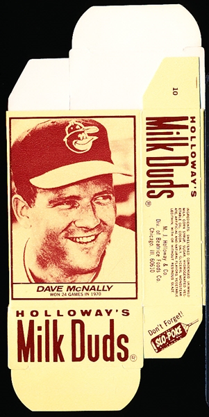 1971 Milk Duds BB- Empty Flat Box- #10 Dave McNally, Orioles