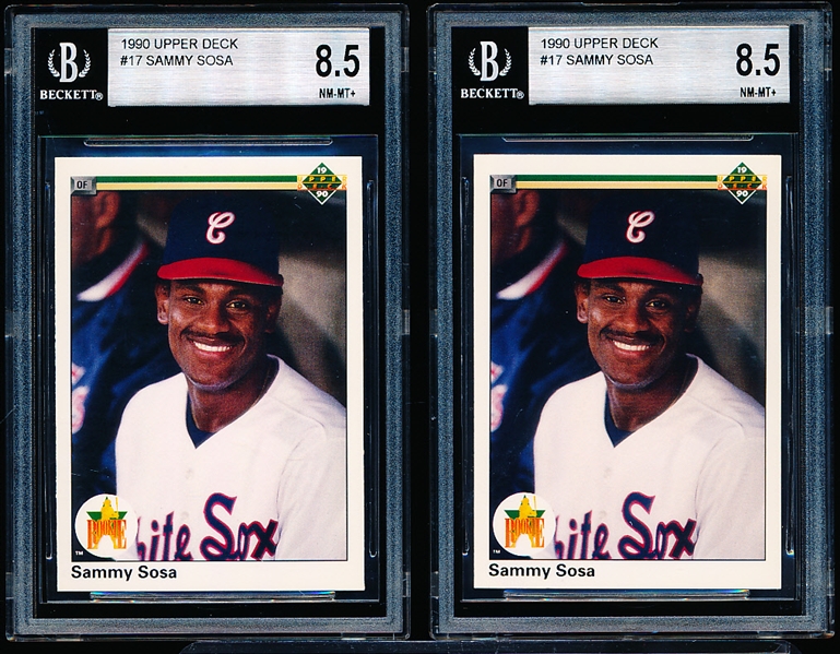 1990 Upper Deck Bsbl. #17 Sammy Sosa RC, White Sox- 2 Cards- Both Graded Beckett Near Mint to Mint + 8.5.