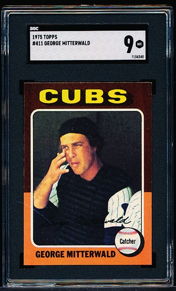 1975 Topps Bb- #411 George Mitterwald, Cubs- SGC Graded MT 9