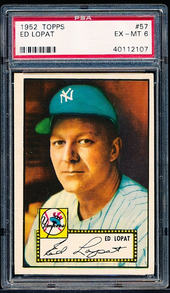 1952 Topps Baseball- #57 Ed Lopat, Yankees- PSA Ex-Mt 6- Red Back