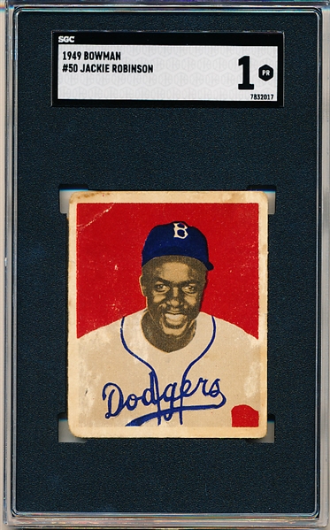 1949 Bowman Baseball- #50 Jackie Robinson, Dodgers- RC- SGC 1 (Poor)