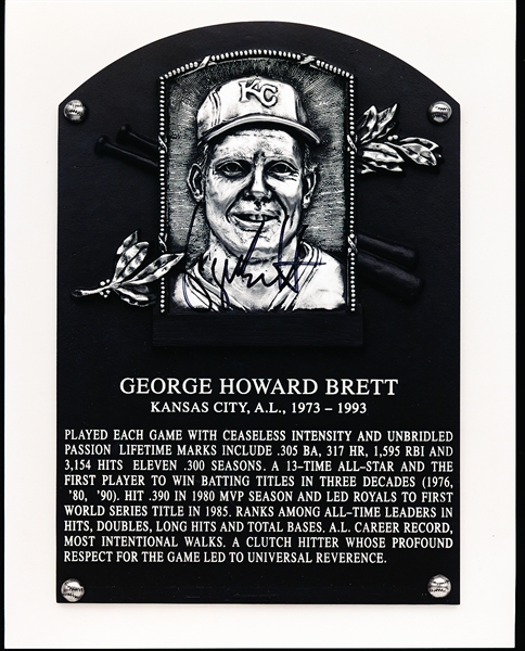 George Brett (Royals) Autographed B & W HOF Induction Plaque 8x10” Photo