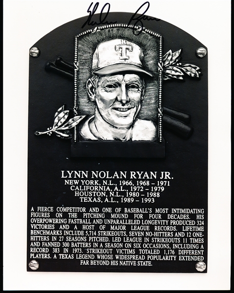 Nolan Ryan (Rangers) Autographed B & W HOF Induction Plaque 8x10” Photo