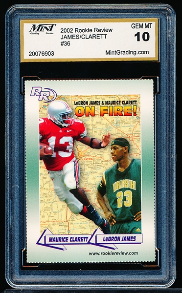 2002 Rookie Review Magazine- #36 LeBron James/ Maurice Clarett Card- Mint Grading Service Graded GEM MT 10