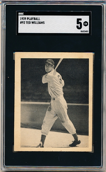 1939 Playball Baseball- #92 Ted Williams, Red Sox- SGC 5 (Ex)