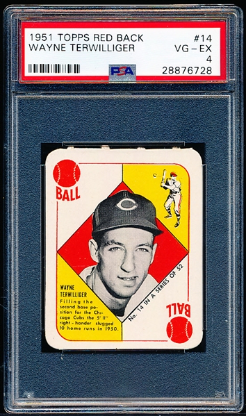 1951 Topps Baseball- Blue Back- #14 Wayne Terwilliger, Cubs- PSA Vg-Ex 4