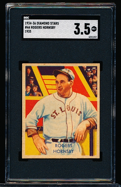 1934-36 Diamond Stars Baseball- #44 Rogers Hornsby, St. Louis Browns- SGC 3.5(Vg+)- 1935 Green Back