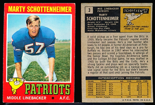 1971 Topps Fb- #3 Marty Schottenheimer RC, Patriots- 7 Cards