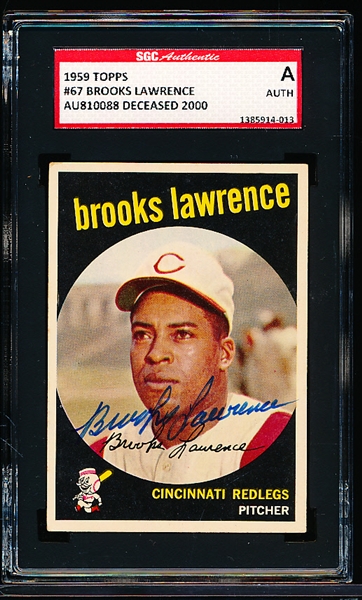 1959 Topps Baseball Autographed Card- #67 Brooks Lawrence, Reds- SGC Certified & Encapsulated