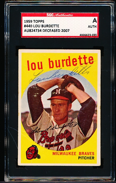 1959 Topps Baseball Autographed Card- #440 Lou Burdette, Braves - SGC Certified & Encapsulated