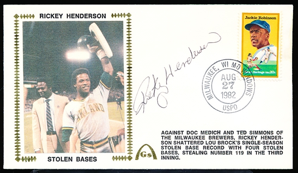 Autographed August 27, 1982 Rickey Henderson Gateway Cachet Stolen Bases