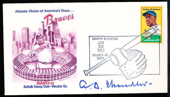 Autographed Jan. 22, 1983 DeKalb Stamp Club (DeKalb, GA) Atlanta Braves Comm. Cachet- Signed by A. B. “Happy” Chandler