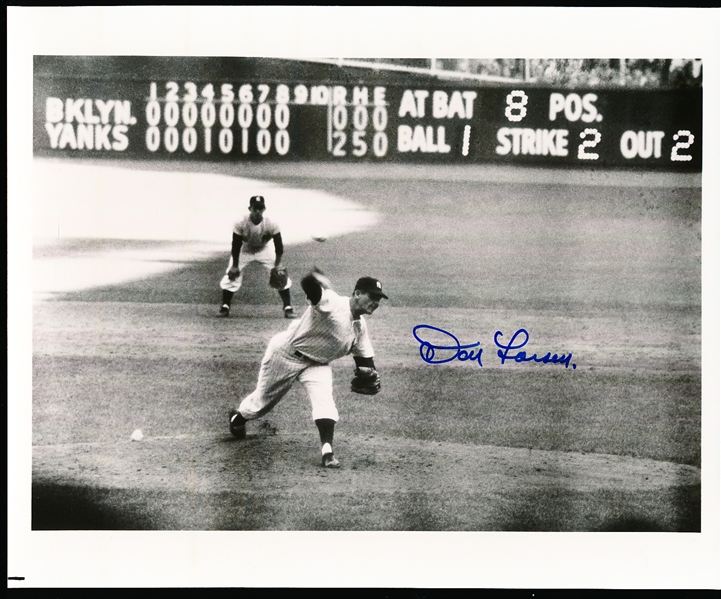 Autographed Don Larsen New York Yankees MLB B/W 8” x 10” Game Action Photo of his Final Pitch in his Perfect Game #5 of the 1956 World Series