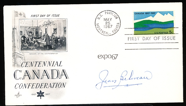 Autographed May 25, 1967 Art Craft Canada Centennial Confederation FDI Cachet- Signed by Jean Beliveau
