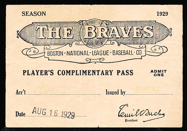 1929 Boston Braves 4-¼” x 3” Thin Paper Player’s Complimentary Pass