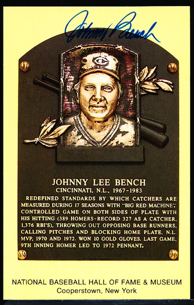 Autographed Johnny Bench Gold HOF Baseball Plaque Postcard