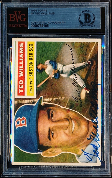 1956 Topps Baseball Autographed Card- #5 Ted Williams, Red Sox- BVG Beckett Authenticated & Encapsulated