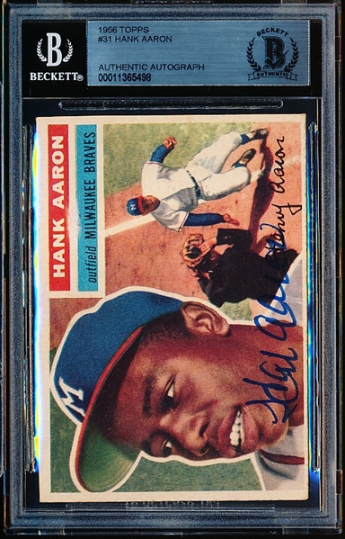 1956 Topps Baseball Autographed Card- #31 Hank Aaron, Braves- Beckett Authenticated & Encapsulated