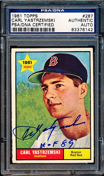 1961 Topps Baseball Autographed Card- #287 Carl Yastrzemski, Red Sox- PSA/ DNA Authenticated & Encapsulated-  “Carl Yastrzemski HOF 89”