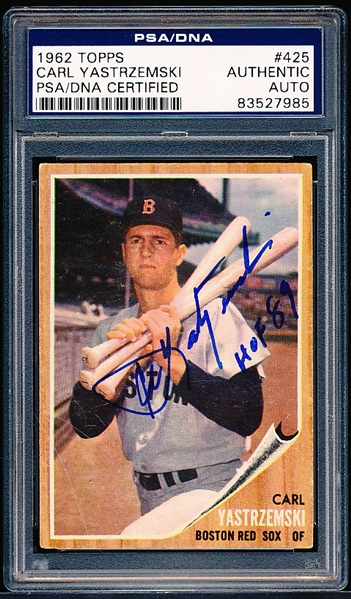 1962 Topps Baseball Autographed Card- #287 Carl Yastrzemski, Red Sox- PSA/ DNA Authenticated & Encapsulated-“Carl Yastrzemski HOF 89”