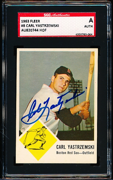 1963 Fleer Baseball Autographed Card- #8 Carl Yastrzemski, Red Sox- SGC Authenticated & Encapsulated