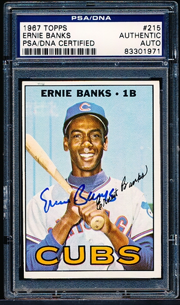 1967 Topps Baseball Autographed Card- #215 Ernie Banks, Cubs- PSA/DNA Authenticated & Encapsulated