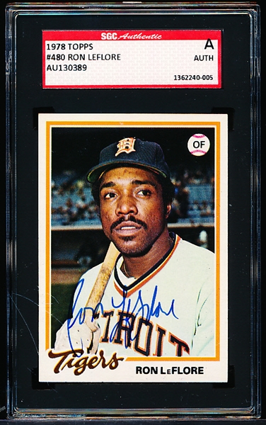 1978 Topps Baseball Autographed Card- #480 Ron Leflore, Tigers- SGC Authenticated & Encapsulated
