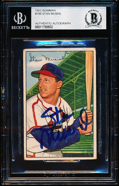 1952 Bowman Bb Autographed Card- #196 Stan Musial, Cardinals- Beckett Certified and Encapsulated