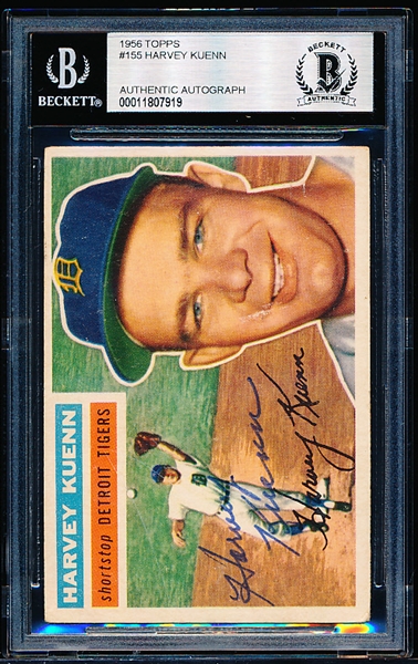 1956 Topps Baseball Autographed- #155 Harvey Kuenn, Tigers- Beckett Authenticated & Encapsulated