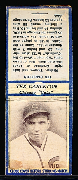 1935-36 Diamond Matchbooks- Full Matchbook with Striker/ Matches- Tex Carleton, Cubs