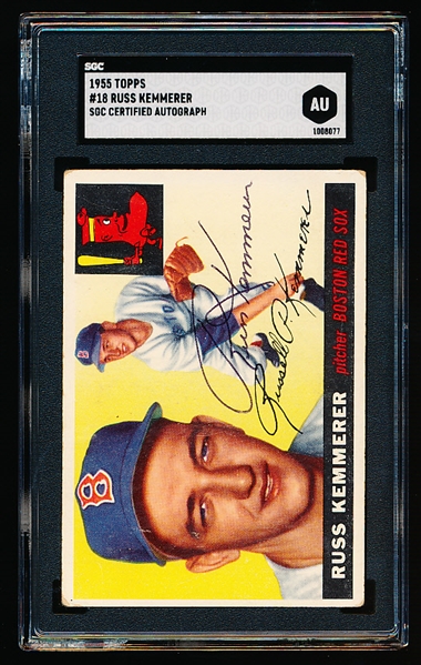 Autographed 1955 Topps Baseball- #18 Russ Kemmerer, Red Sox- SGC Certified & Encapsulated