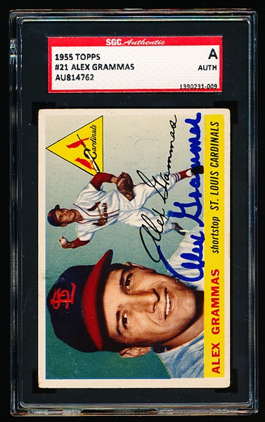 Autographed 1955 Topps Baseball- #21 Alex Grammas, Cardinals- SGC Certified & Encapsulated