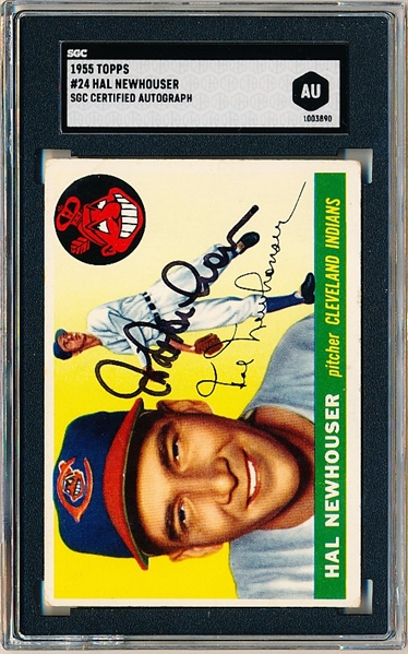 Autographed 1955 Topps Baseball- #24 Hal Newhouser, Cleveland (HOFer - SGC Certified & Encapsulated