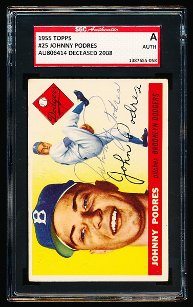 Autographed 1955 Topps Baseball- #25 Johnny Podres, Dodgers- SGC Certified & Encapsulated