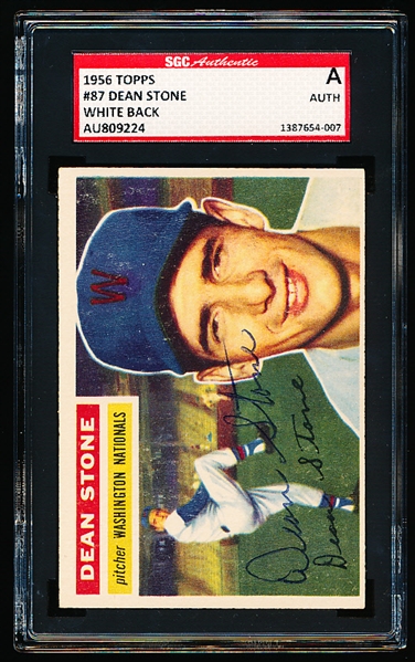 Autographed 1956 Topps Baseball- #87 Dean Stone, Washington- SGC Certified & Encapsulated