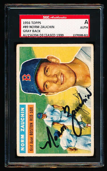 Autographed 1956 Topps Baseball- #89 Norm Zauchin, Red Sox- SGC Certified & Encapsulated