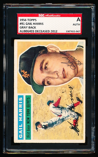 Autographed 1956 Topps Baseball- #91 Gail Harris, NY Giants- SGC Certified & Encapsulated