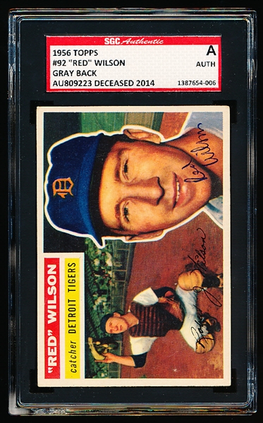 Autographed 1956 Topps Baseball- #92 Red Wilson, Tigers- SGC Certified & Encapsulated