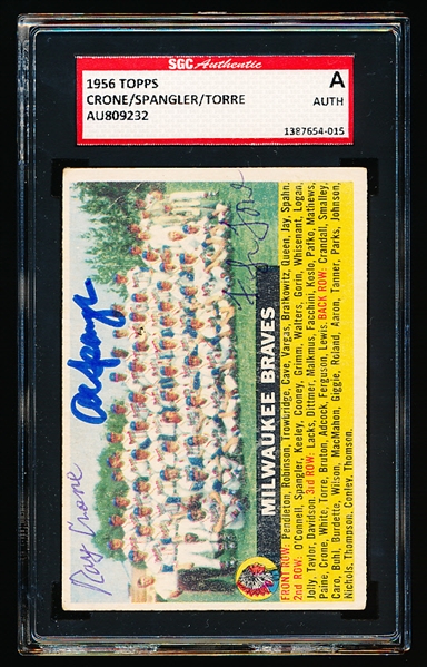 Autographed 1956 Topps Baseball- #95 Milwaukee Braves- Signed by Crone/Spangler/ F. Torre- SGC Certified & Encapsulated
