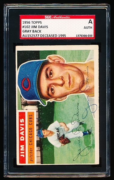Autographed 1956 Topps Baseball- #102 Jim Davis, Cubs- SGC Certified & Encapsulated
