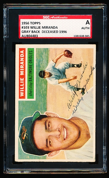 Autographed 1956 Topps Baseball- #103 Willie Miranda, Baltimore Orioles- SGC Certified & Encapsulated
