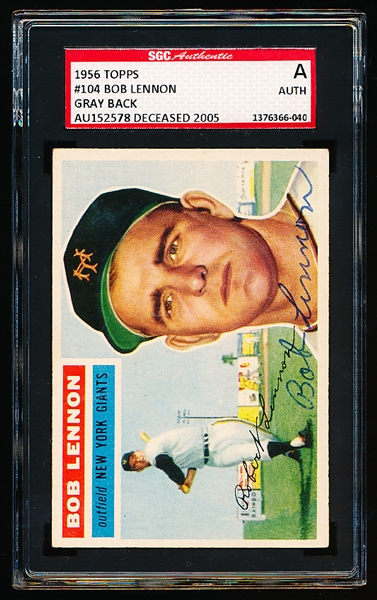 Autographed 1956 Topps Baseball- #104 Bob Lennon, NY Giants- SGC Certified & Encapsulated