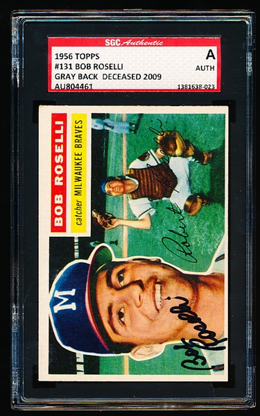 Autographed 1956 Topps Baseball- #131 Bob Roselli, Milwaukee Braves- SGC Certified & Encapsulated
