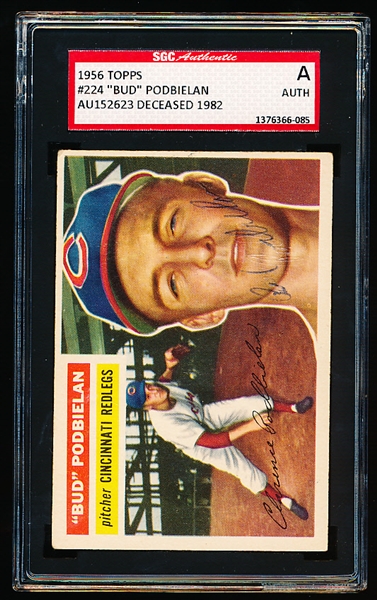 Autographed 1956 Topps Baseball- #224 Bud Bodbielan, Reds- SGC Certified & Encapsulated