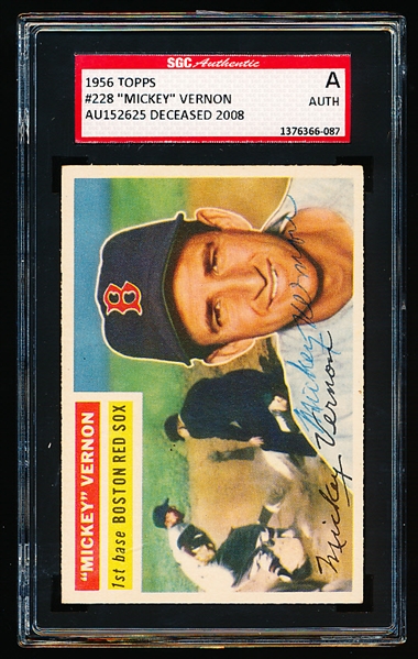 Autographed 1956 Topps Baseball- #228 Mickey Vernon, Boston Red Sox - SGC Certified & Encapsulated