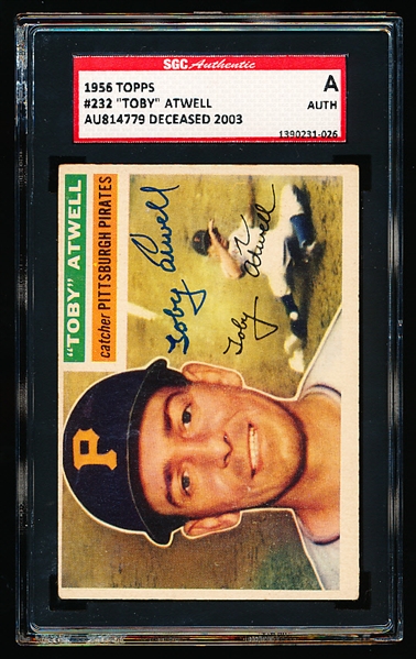 Autographed 1956 Topps Baseball- #232 Toby Atwell, Pirates- SGC Certified &d Encapsulated