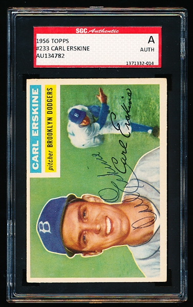 Autographed 1956 Topps Baseball- #233 Carl Erskine, Dodgers- SGC Certified & Encapsulated