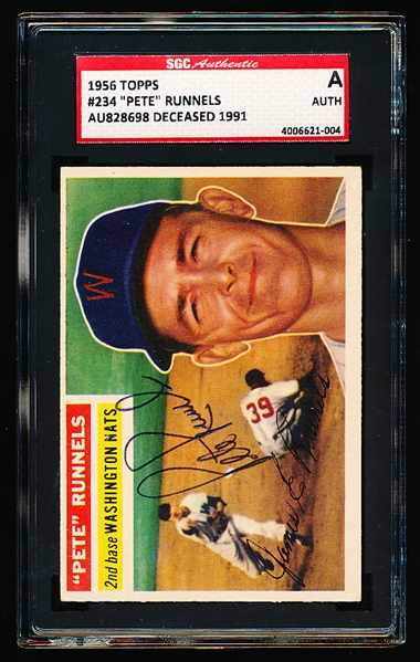 Autographed 1956 Topps Baseball- #234 Pete Runnels, Washington- SGC Certified & Encapsulated