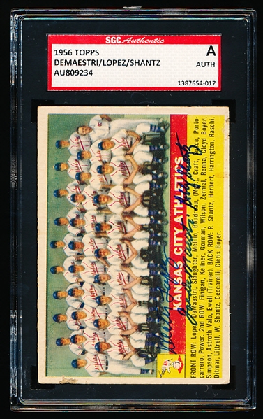 Autographed 1956 Topps Baseball- #236 KC A’s Team- Signed by Hector Lopez/ DeMaestri/ Shantz- SGC Certified & Encapsulated