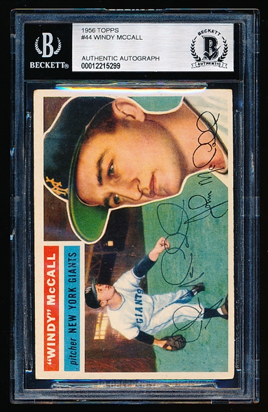 Autographed 1956 Topps Baseball- #44 Windy McCall, Giants- Beckett Certified & Encapsulated